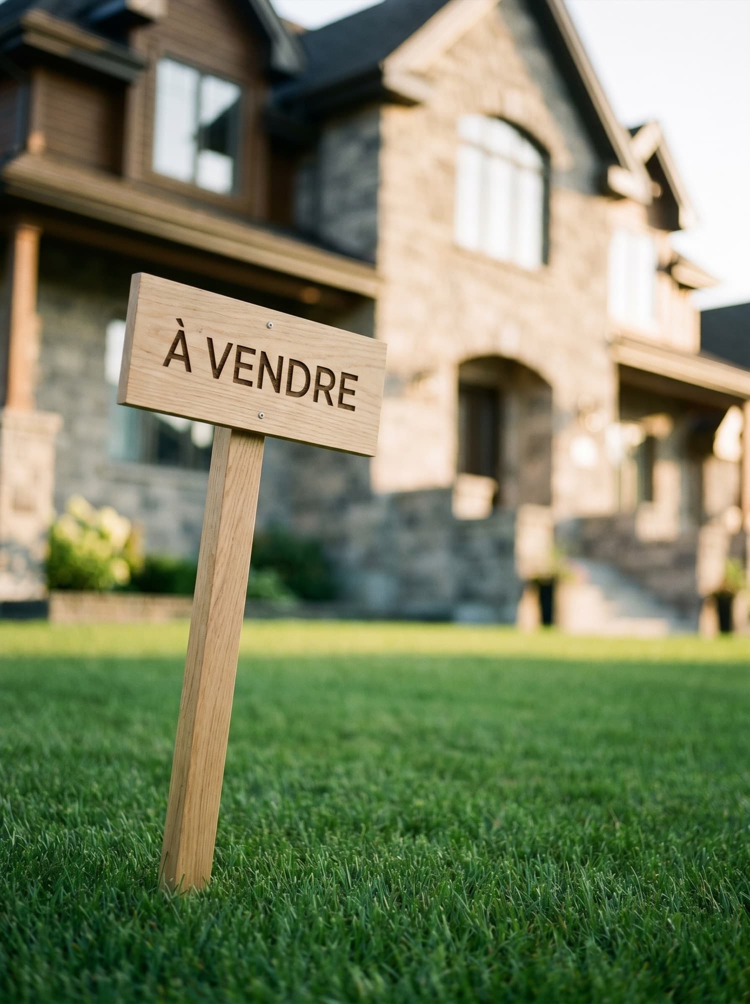 Pancarte À vendre devant une maison québécoise au coucher du soleil