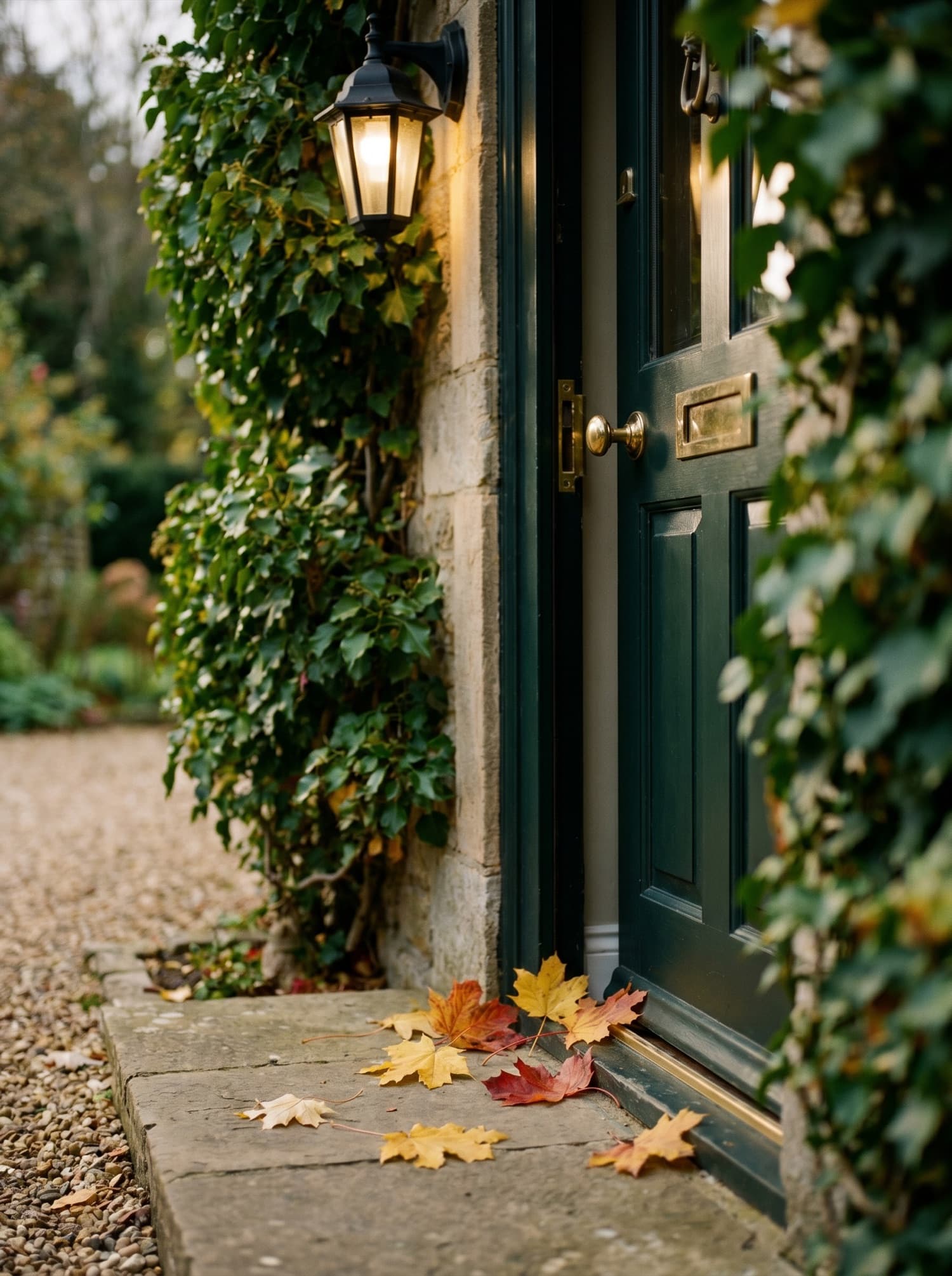 Porte d’entrée chaleureuse d’une maison au crépuscule