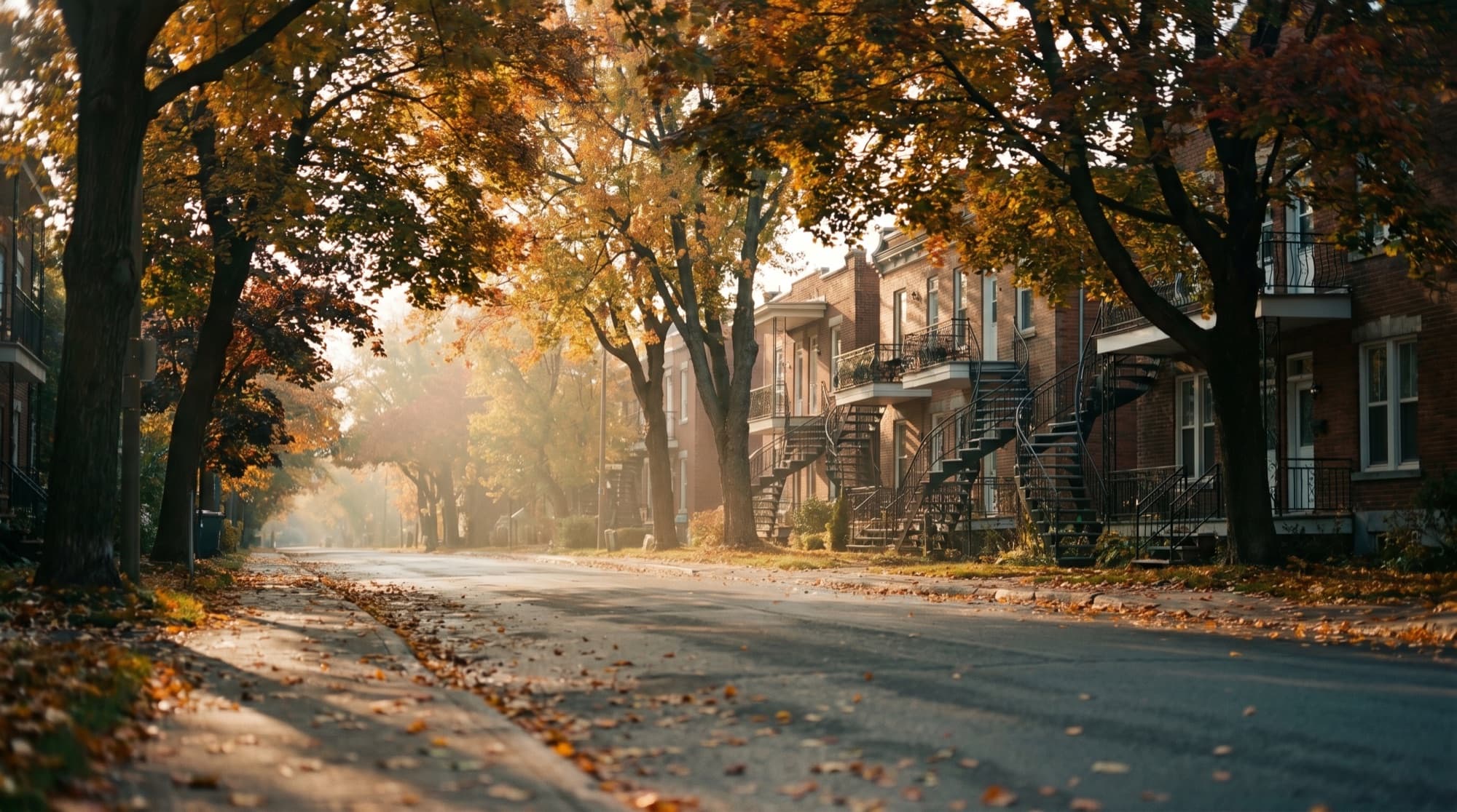 Rue résidentielle de Montréal au coucher du soleil